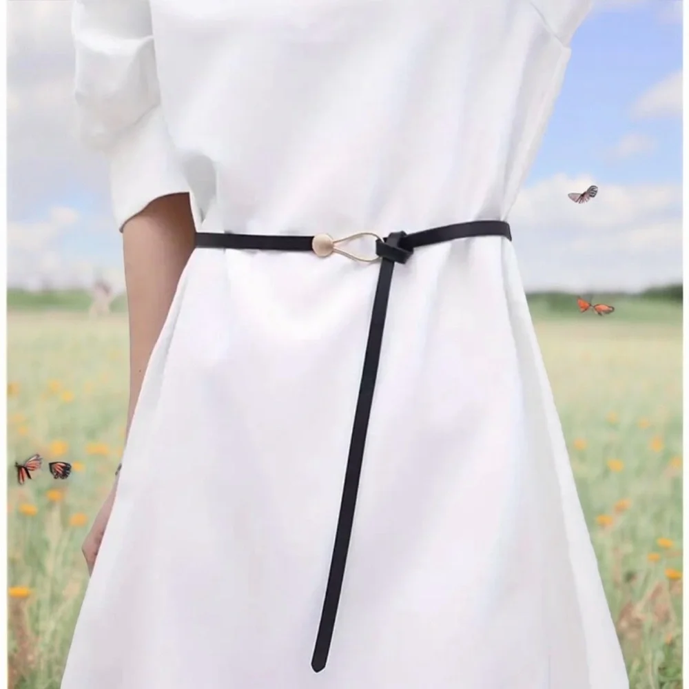 Black Trendy Knotted Skinny Thin Belt For Women Classic Solid Color Faux Leather